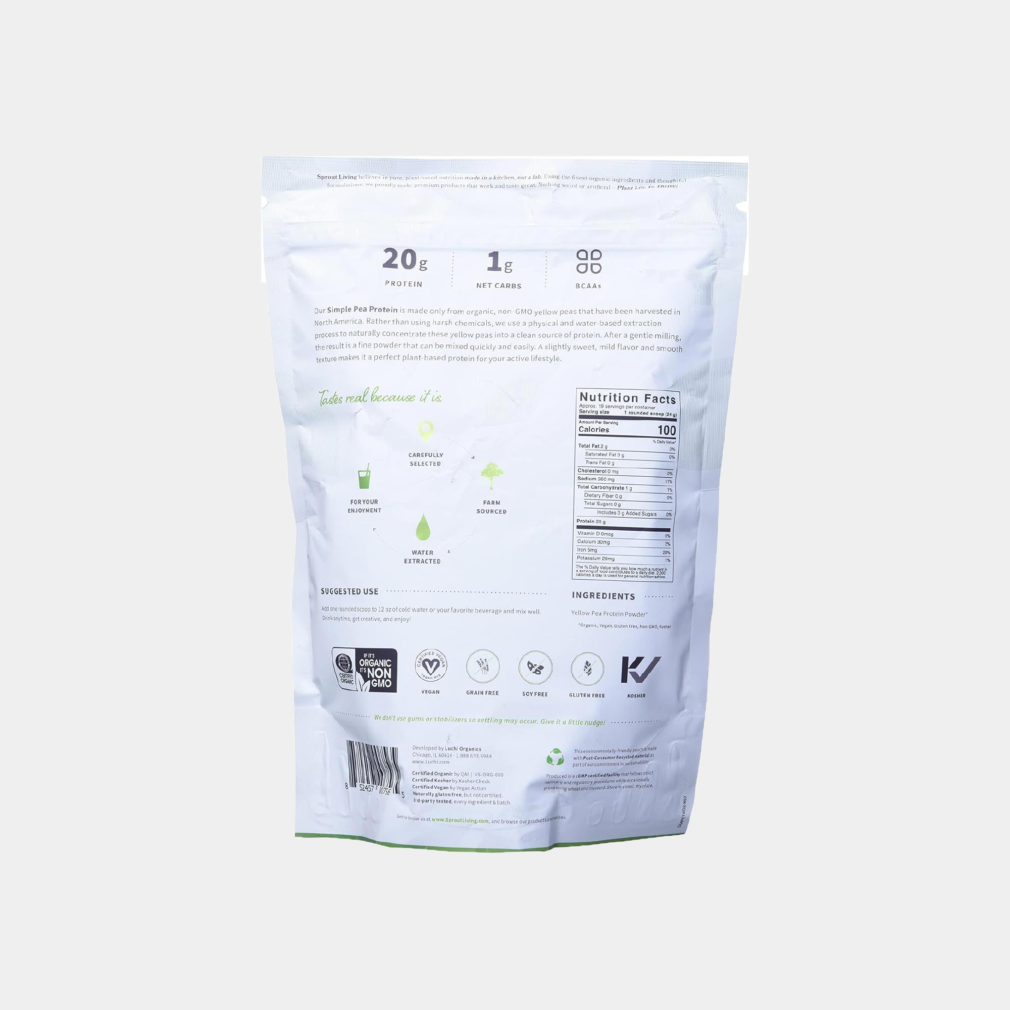 Sprout Living Organic Pea Protein Powder – 20g Plant-Based Protein & NON-GMO Yellow Peas.